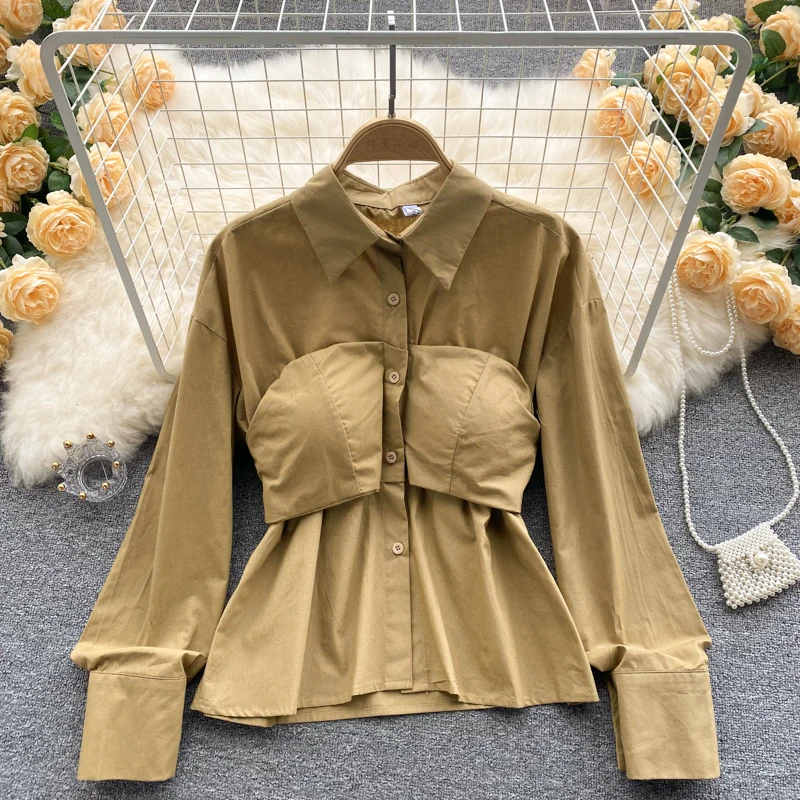 Women Designed temperament lapel wrapped chest fake two-piece single-breasted loose and thin long-sleeved shirt female D0598
Women Designed temperament lapel wrapped chest fake two-piece single-breasted loose and thin long-sleeved shirt female D0598