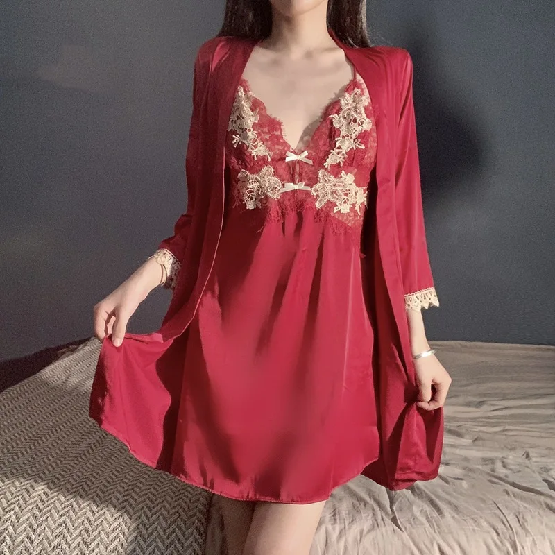 Women Sleepwear Sexy Patchwork Robe Set Nightgown Summer Lace Twinset Kimono Bathrobe Thin Silk Satin Gown Home Dress Loungewear
Women Sleepwear Sexy Patchwork Robe Set Nightgown Summer Lace Twinset Kimono Bathrobe Thin Silk Satin Gown Home Dress Loungewear