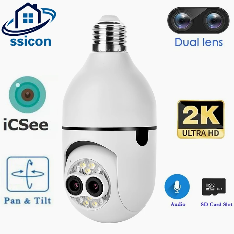 

2K Wireless Indoor WIFI Camera 2.8mm Dual Lens ICSee Smart Home 4MP Security E27 Bulb Camera Color Night Vision