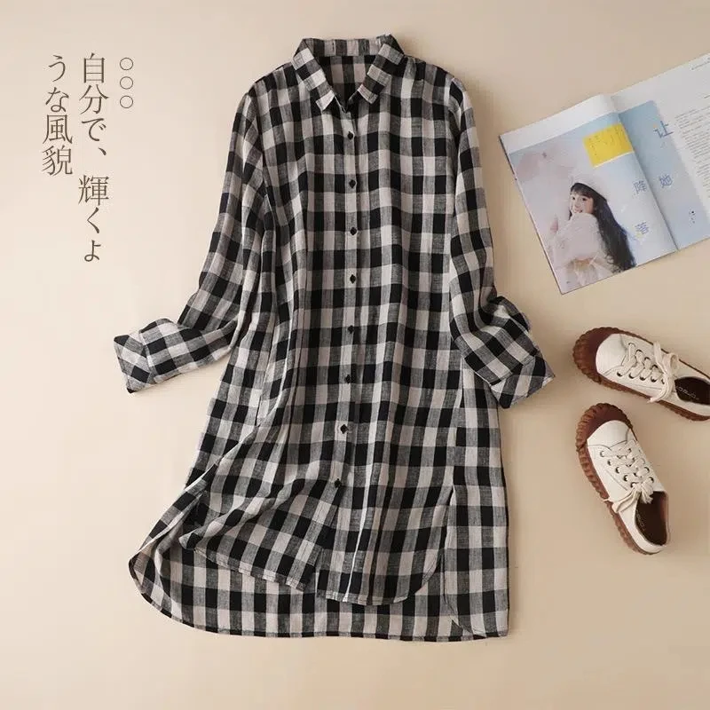 Black Plaid Vintage Cotton Linen Loose Turn-down Collar Women's Dress Korean Fashion Long Sleeve Knee Length Dresses For Women
Black Plaid Vintage Cotton Linen Loose Turn-down Collar Women's Dress Korean Fashion Long Sleeve Knee Length Dresses For Women