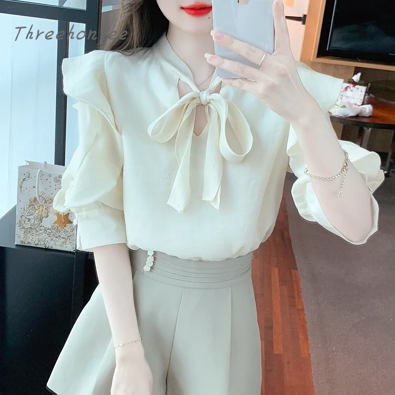 Summer Light Chiffon Fashion Top Women's Senior Sense Bow Designer Shirt Korean Fashion Temperament Ladies Long-sleeved Top
Summer Light Chiffon Fashion Top Women's Senior Sense Bow Designer Shirt Korean Fashion Temperament Ladies Long-sleeved Top