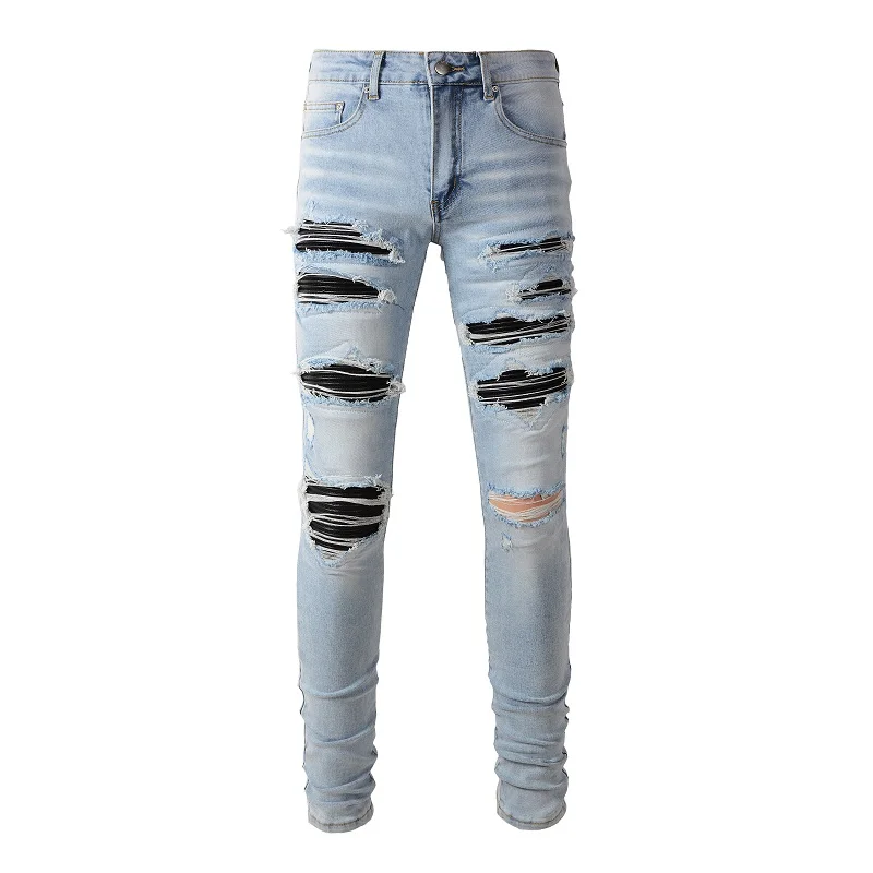 

AM New Arrivals Distressed Light Indigo Slim Fit Streetwear Skinny Stretch Destroyed Holes Black Ribs Patches Ripped Jeans