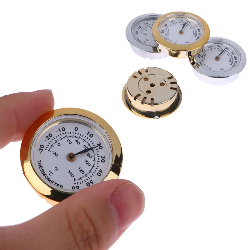 

New Hot Sale Cigar Box Juggling Moisture-proof Box Direct Pin Embedded 37mm Pointer Mini Gold Silver Thermometer Hygrometer