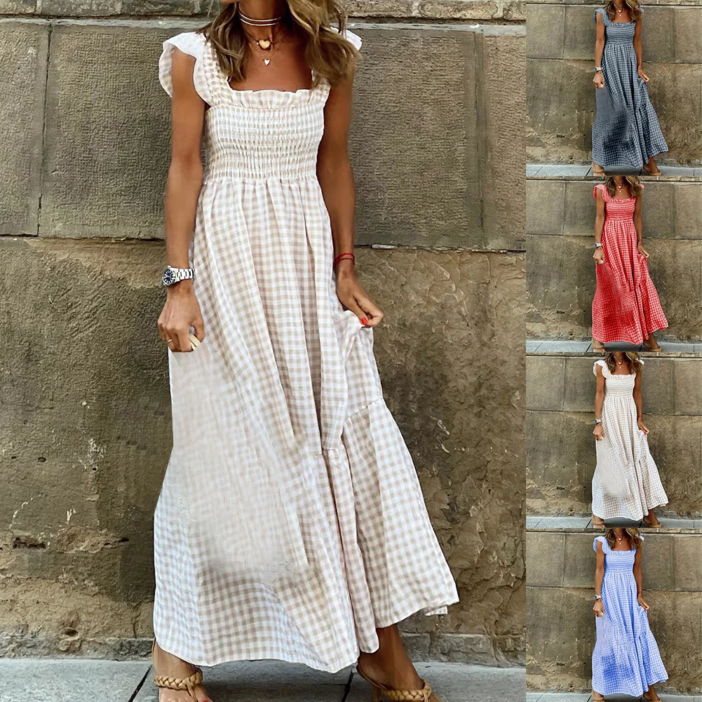 Summer Dresses Women Sexy Backless Casual Plaid Long Dress Short Sleeve Sundresses Bohemian Beach Holiday Party Dresses
Summer Dresses Women Sexy Backless Casual Plaid Long Dress Short Sleeve Sundresses Bohemian Beach Holiday Party Dresses