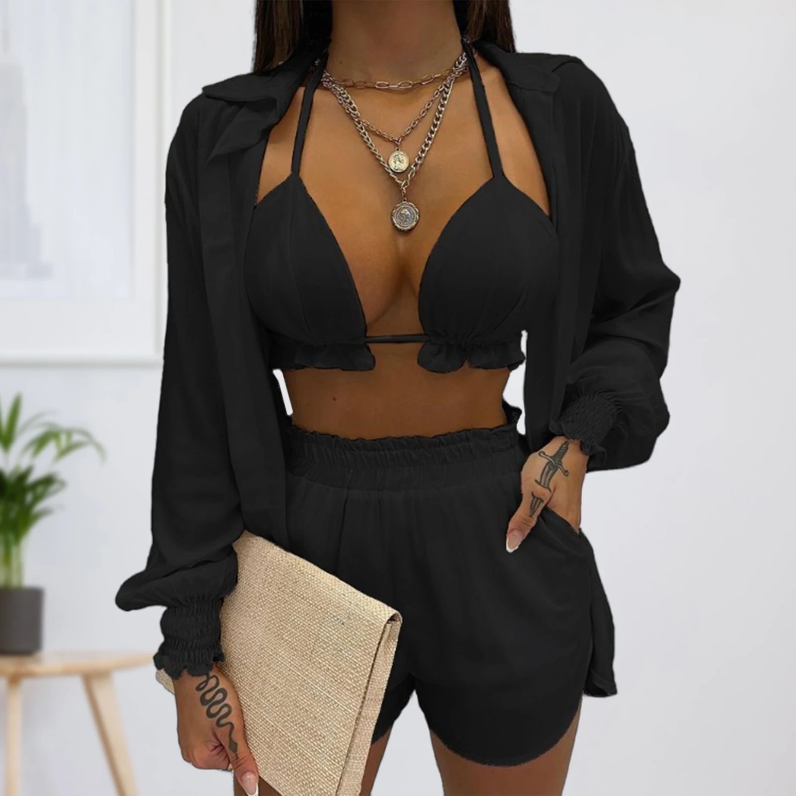 Summer Shorts Suit 3 Piece Sets Women Shorts+Lapel Shirt+Tank Tops Solid Color Print Fashion Casual Pleated Beach Holiday
Summer Shorts Suit 3 Piece Sets Women Shorts+Lapel Shirt+Tank Tops Solid Color Print Fashion Casual Pleated Beach Holiday