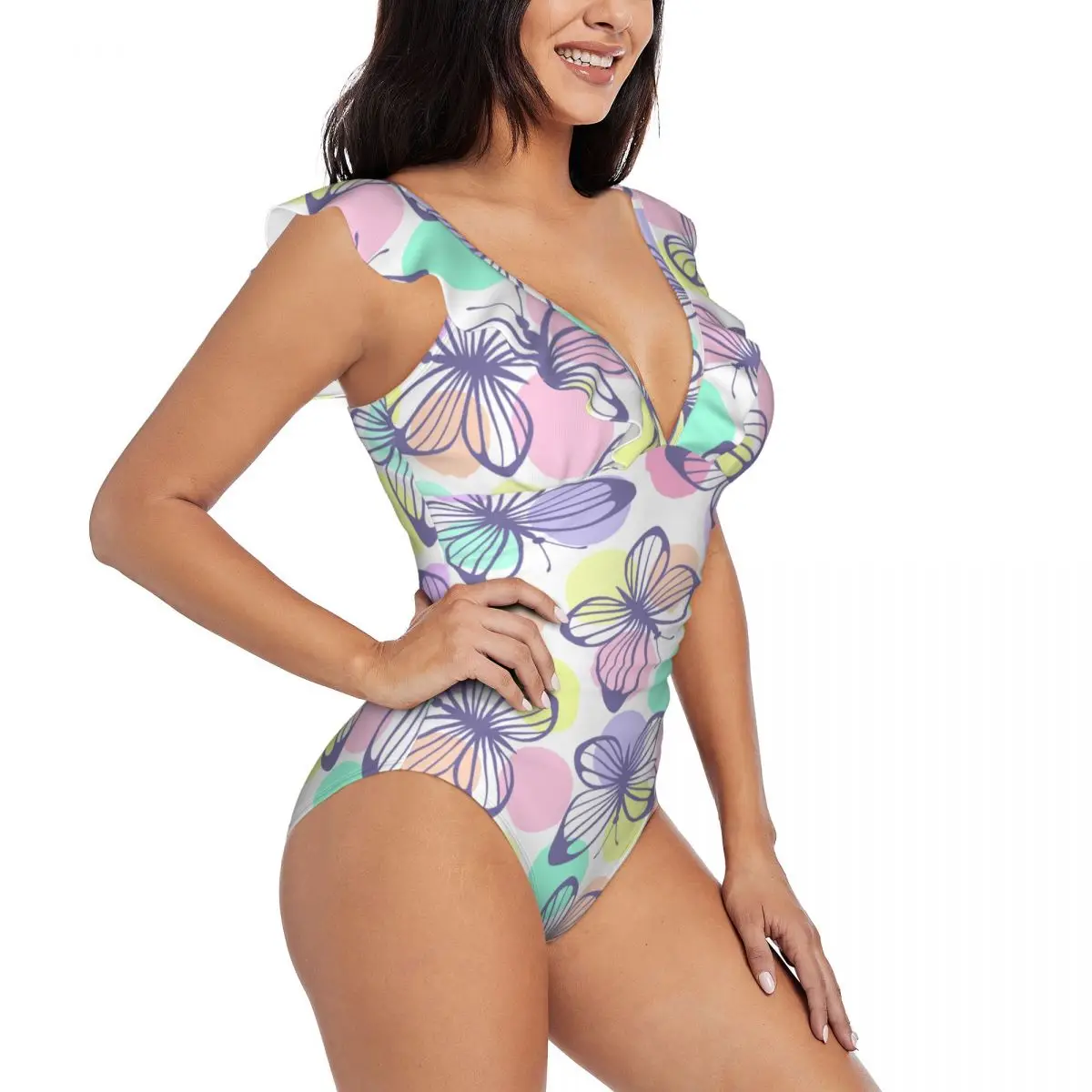 

Sexy One Piece Swimsuit 2023 Women Beautiful Butterflies Ruffled Swimwear Monokini Female Bodysuit Girl Beach Bathing Suit