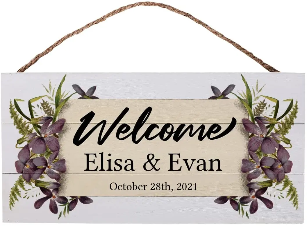 

Brands Personalized Wedding Welcome Sign for Reception Decor - Custom Names Wooden Plank Floral Decor Sign (13.75 x 7)