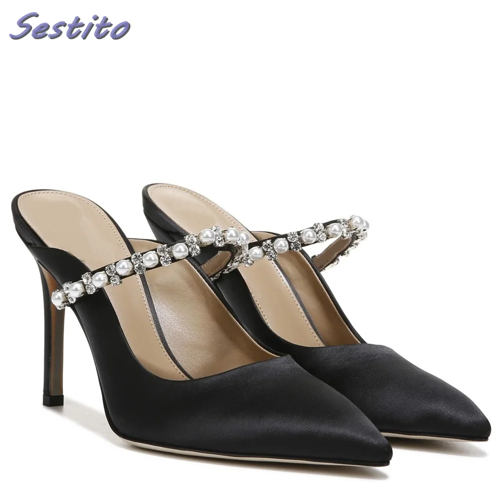 Satin Pointed Pearl Crystal Mule Slippers Stiletto Heel Elegant Black Solid Banquet Women Shoes Spring Summer Fashion 2023 New
Satin Pointed Pearl Crystal Mule Slippers Stiletto Heel Elegant Black Solid Banquet Women Shoes Spring Summer Fashion 2023 New