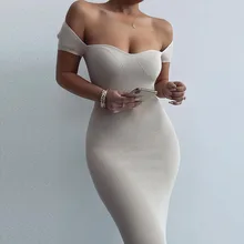 083 Solid Ribbed Women Short Sleeve Off Shoulder Midi Dress Bodycon Sexy Party Streetwear 2023 Summer