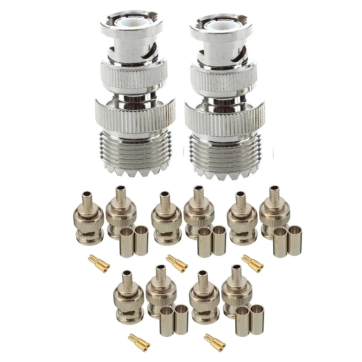 2 Pcs BNC Male Plug to UHF SO239 Female RF Coaxial RF Connector & 10 Sets 3-Piece BNC Male RG58 Plug Crimp Connectors
2 Pcs BNC Male Plug to UHF SO239 Female RF Coaxial RF Connector & 10 Sets 3-Piece BNC Male RG58 Plug Crimp Connectors