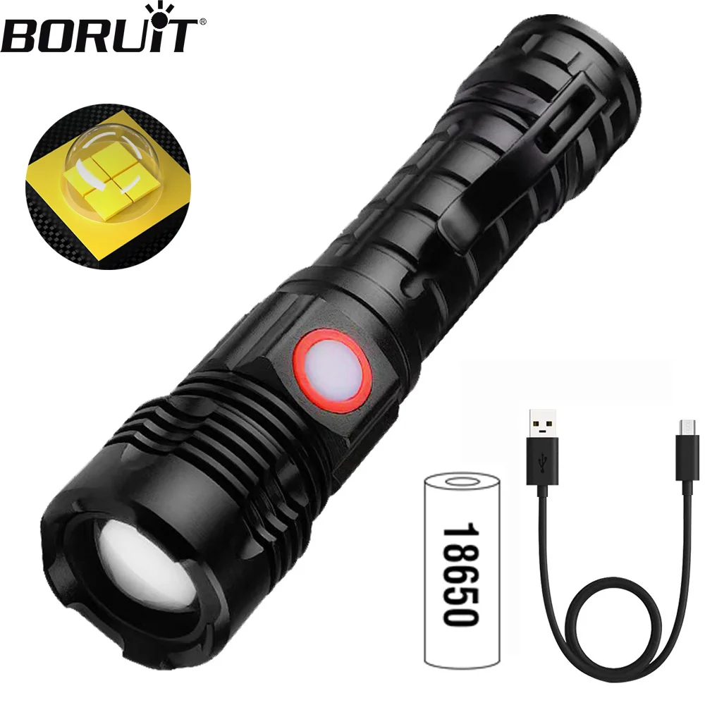 

BORUiT High Power Led Flashlights 5 Lighting Modes Powerful Torch USB Rechargeable Zoomable Self-defense Torch Camping Lantern