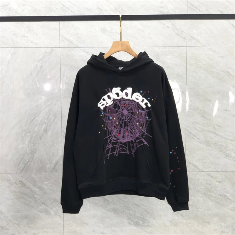 

Black Young Thung Sp5der 555555 Angel Hoodie Men Women Purple Spider Web Pattern Hooded Pullover