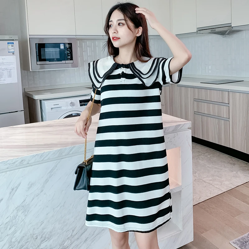 Summer Pregnant Woman Mini Dress Short Sleeve Peter Pan Collar Maternity Knit Dress Black White Striped Pregnancy Cotton Dresses
Summer Pregnant Woman Mini Dress Short Sleeve Peter Pan Collar Maternity Knit Dress Black White Striped Pregnancy Cotton Dresses