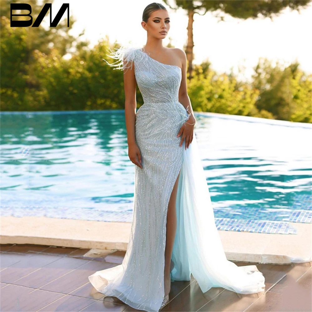 Feathers Side Split Prom Gowns Custom Made Lace Sequins Party Dresses Sky Blue One Shoulder Evening Dresses
Feathers Side Split Prom Gowns Custom Made Lace Sequins Party Dresses Sky Blue One Shoulder Evening Dresses
