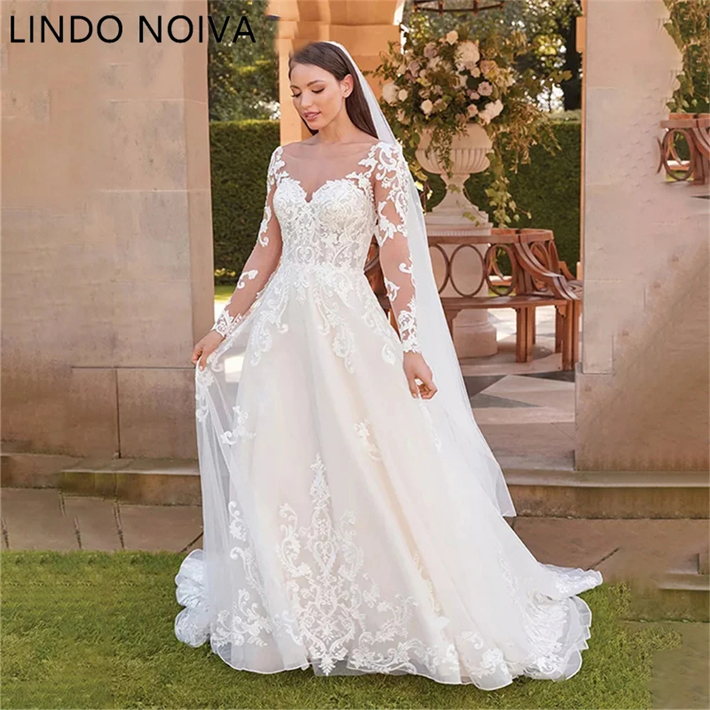 LINDO NOIVA Scoop Neck Wedding Dresses Classic Appliques Long Sleeves Bridal Dress Button Backless Vestido De Novia Custom Made
LINDO NOIVA Scoop Neck Wedding Dresses Classic Appliques Long Sleeves Bridal Dress Button Backless Vestido De Novia Custom Made