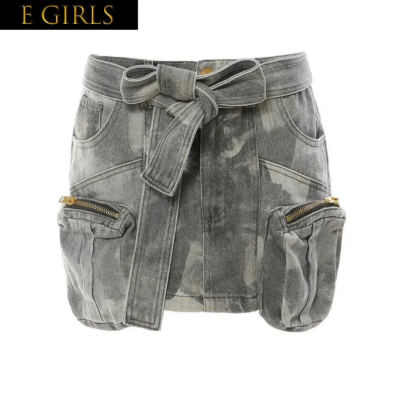 

E GIRLS Fashion Three-dimensional Zipper Pocket Skirt Camouflage Low Waist Mini Denim Skirts With Belt Summer 2023 New GH542