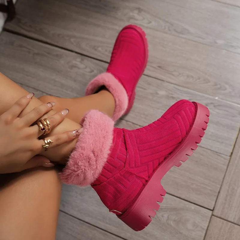

Womens Winter Shoes Snow Boots Thick Sole Furry Chelsea Boots Round Toe Fashion Wedge High Heels Mid Calf Luxury Warm Nude Boots