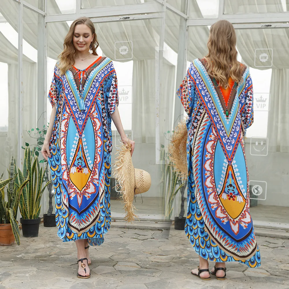 

Boho Beach Cover-ups National Beachwear Summer Print Long Dress Beach Outfits for Women Swimsuit Robe Roupa Feminina Clothing