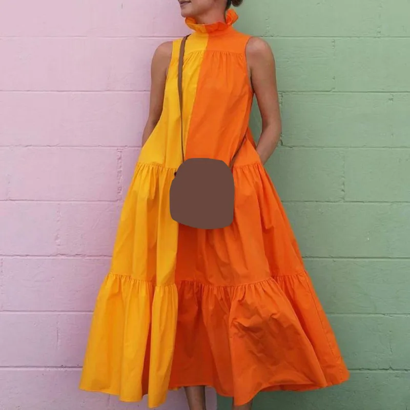 WUHE Street Women Yellow Orange Patchwork Cape Stye Big Swing Loose Smock Babydoll Dress Chic Ruffles Stand Neck Maxi Dresses 
WUHE Street Women Yellow Orange Patchwork Cape Stye Big Swing Loose Smock Babydoll Dress Chic Ruffles Stand Neck Maxi Dresses