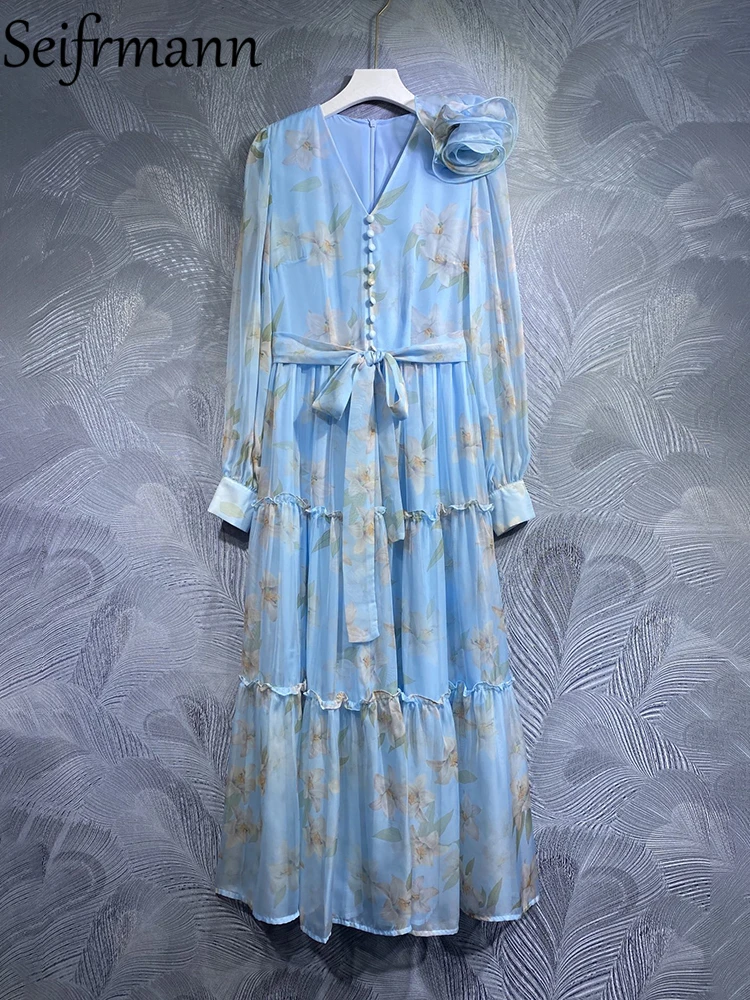 Seifrmann High Quality Summer Women Fashion Designer Long Dress Lantern Sleeve Bow Belt Small Floral Print Ruffles Trim Dresses
Seifrmann High Quality Summer Women Fashion Designer Long Dress Lantern Sleeve Bow Belt Small Floral Print Ruffles Trim Dresses