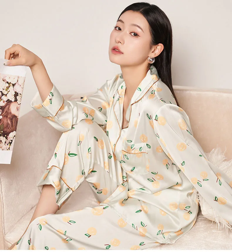 

ANNIDAIBEI 2023 Summer New Women Pajamas Set Long Sleeve Printed Silk Button Down Soft Sleepwear with Long Pants Loungewear