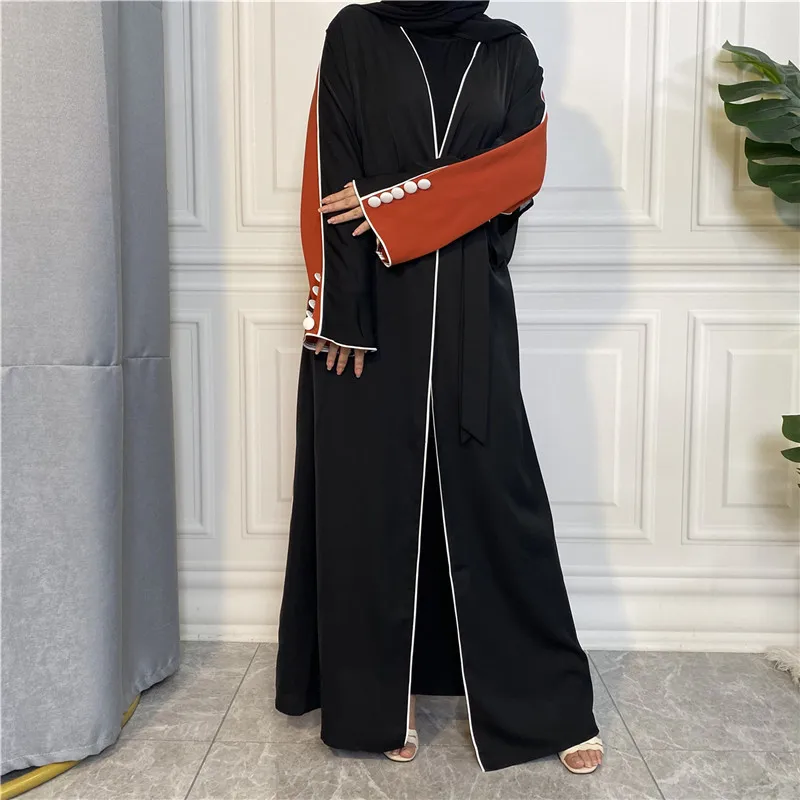 

Muslim Fashion Abaya Dubai Kaftan Women Dress Arabian Islamic Clothes Femme Turkish Long Sleeve Two-tone Paneled Button Cardigan