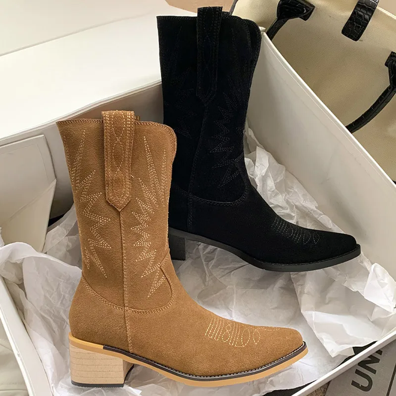 New Women Mid Calf Cowboy Western Boots Flock Embroidery Vintage Pointed Toe Slip-on Female Solid Ladies Plus Size Shoes 2022 
New Women Mid Calf Cowboy Western Boots Flock Embroidery Vintage Pointed Toe Slip-on Female Solid Ladies Plus Size Shoes 2022