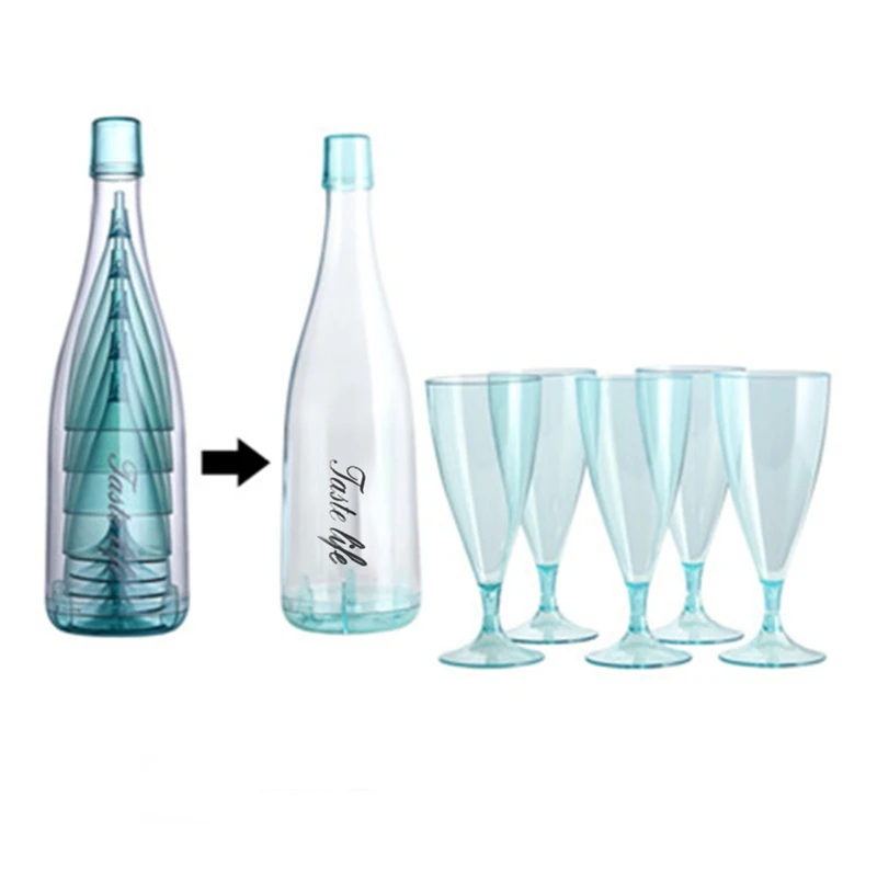 

5PC Plastic Wine Glasses Bar Goblet Champagne Glass Cold Drink Juice Glass Cocktail Stemware with Storage Container-Blue