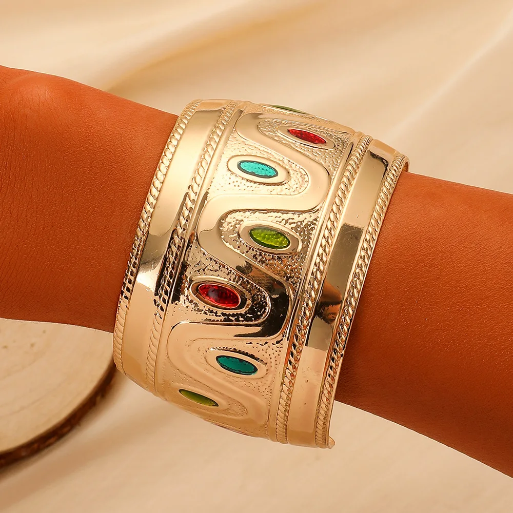 Exaggerate Ethnic Style Gold Color Wide Bangles For Women Vintage Colorful Oil Dropping Open Cuff Bracelet Jewelry
Exaggerate Ethnic Style Gold Color Wide Bangles For Women Vintage Colorful Oil Dropping Open Cuff Bracelet Jewelry