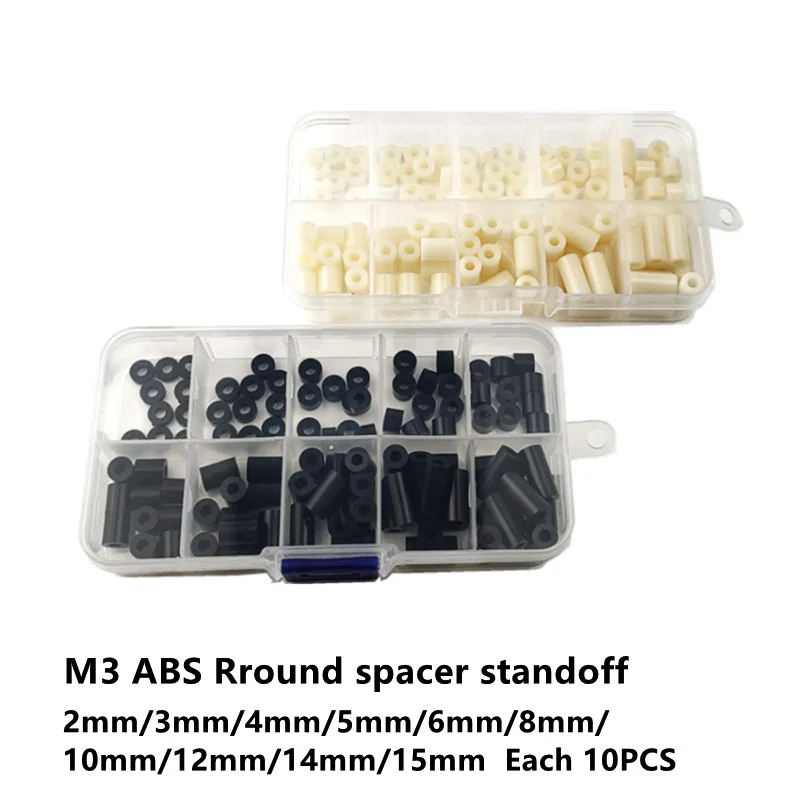 

100pcs M3 Black White ABS Nylon Non-Threaded Round Spacer Kit Hollow Standoff Washer Insulating Column Plastic Screw Bolt Boxed