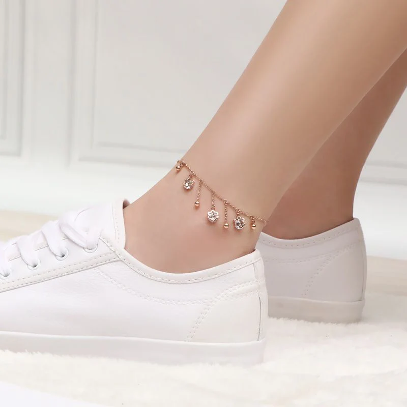 

Tassel Star Rhinestone Women Anklet Titanium Steel 18k Rose Gold Does Not Fade Fashion Personality Adjustable Foot Jewelry Beach