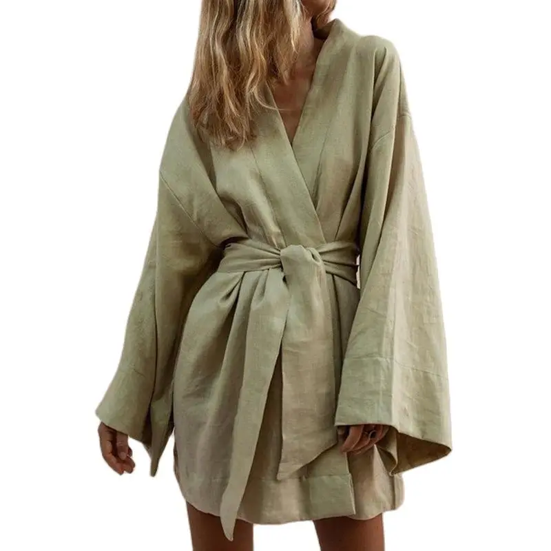 V Neck Long Sleeve Women's Cardigan Short Dresses Solid Color Loose Lacing Cotton And Linen Mid Length Shirt Skirt Spring Autumn
V Neck Long Sleeve Women's Cardigan Short Dresses Solid Color Loose Lacing Cotton And Linen Mid Length Shirt Skirt Spring Autumn