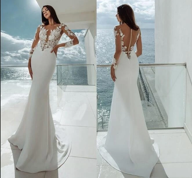 Sheer Long Sleeves Satin Bohemia Mermaid Wedding Dresses Tulle Lace Applique Summer Beach Wedding Bridal Gowns robes de mariée 
Sheer Long Sleeves Satin Bohemia Mermaid Wedding Dresses Tulle Lace Applique Summer Beach Wedding Bridal Gowns robes de mariée