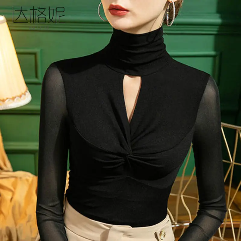 Woman Black Tops Female High-neck Bottoming Shirt Ladies Black Lace Shirt Top Long-sleeved Mesh T Shirts Streetwear Shirts G205
Woman Black Tops Female High-neck Bottoming Shirt Ladies Black Lace Shirt Top Long-sleeved Mesh T Shirts Streetwear Shirts G205