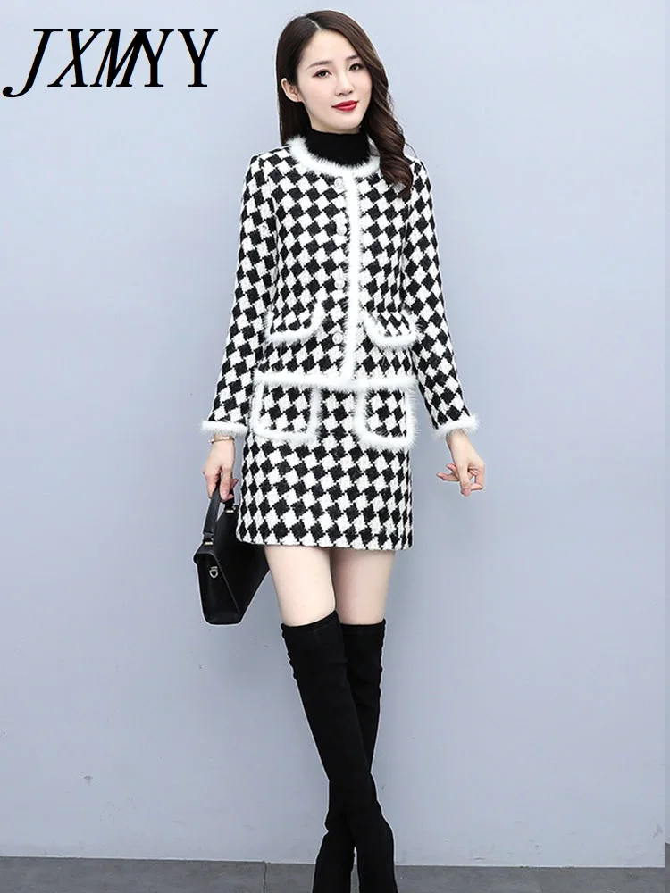 Choundstooth Wool Fashion Elegant Temperament Suit Women's Autumn And Winter Stitching Mink Wool Fashion Skirt Two-Piece Set 
Choundstooth Wool Fashion Elegant Temperament Suit Women's Autumn And Winter Stitching Mink Wool Fashion Skirt Two-Piece Set