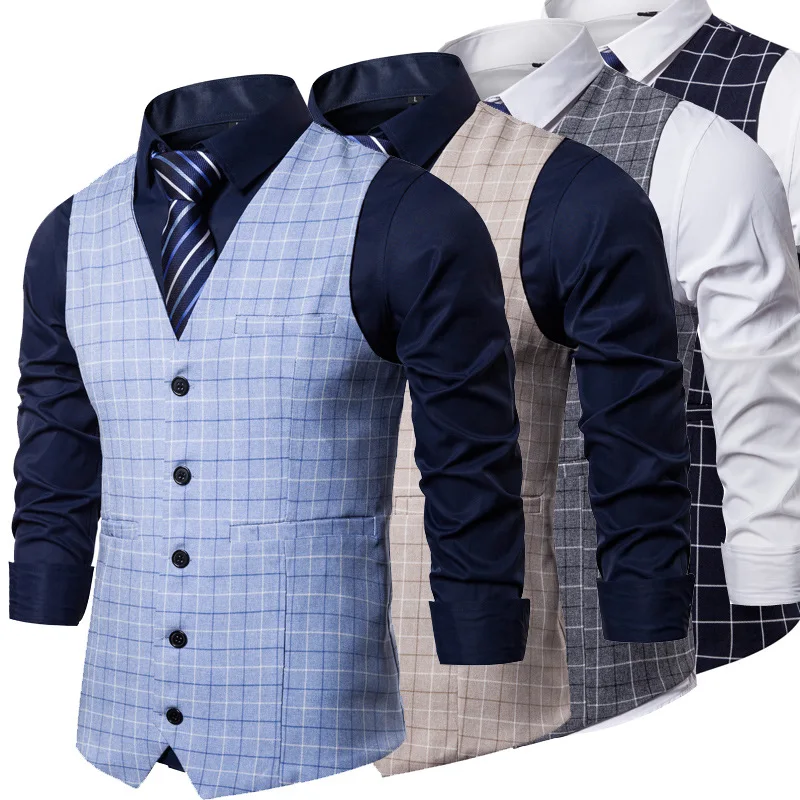 

New Mens Vest Casual Business Men Suit Vests Male Lattice Waistcoat Fashion Mens Sleeveless Suit Vest Smart Casual Top Grey Blue