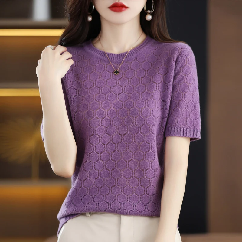 100% pure wool T-shirt Spring and summer new women's round neck pullover casual knitting short sleeve loose solid color top
100% pure wool T-shirt Spring and summer new women's round neck pullover casual knitting short sleeve loose solid color top