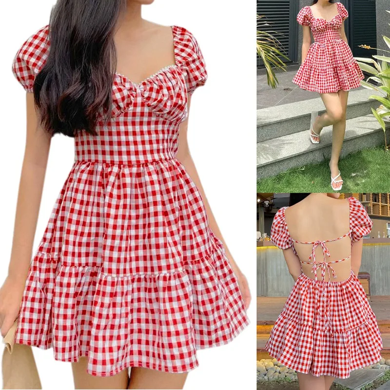 ASDS-Backless Plaid Print Sweet Sexy Short Dress Summer Square Collar Puff Sleeve Elegant Ladies Dresses Korean Kawaii
ASDS-Backless Plaid Print Sweet Sexy Short Dress Summer Square Collar Puff Sleeve Elegant Ladies Dresses Korean Kawaii
