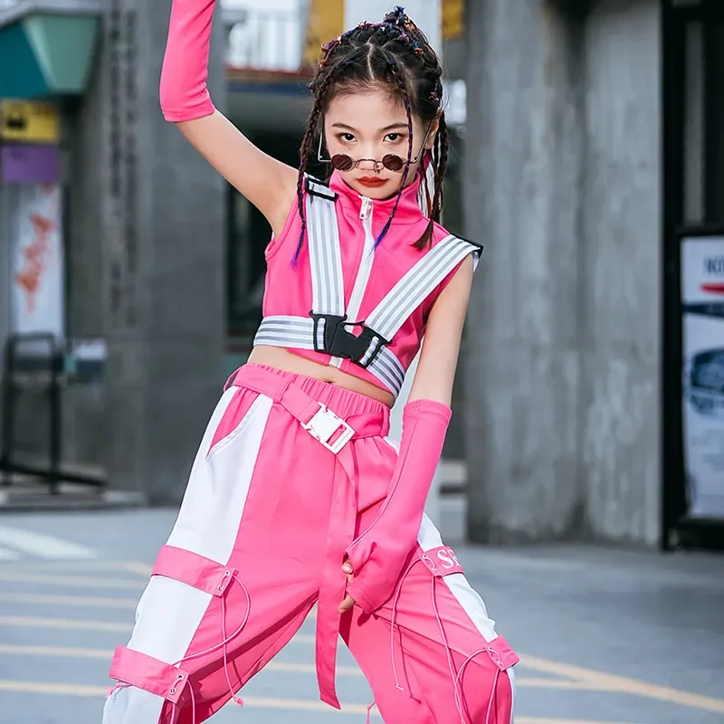 

Детские костюмы в стиле хип-хоп, сценический розовый укороченный топ без рукавов, штаны для девочек, одежда для бальных танцев, выступлений, уличный танц