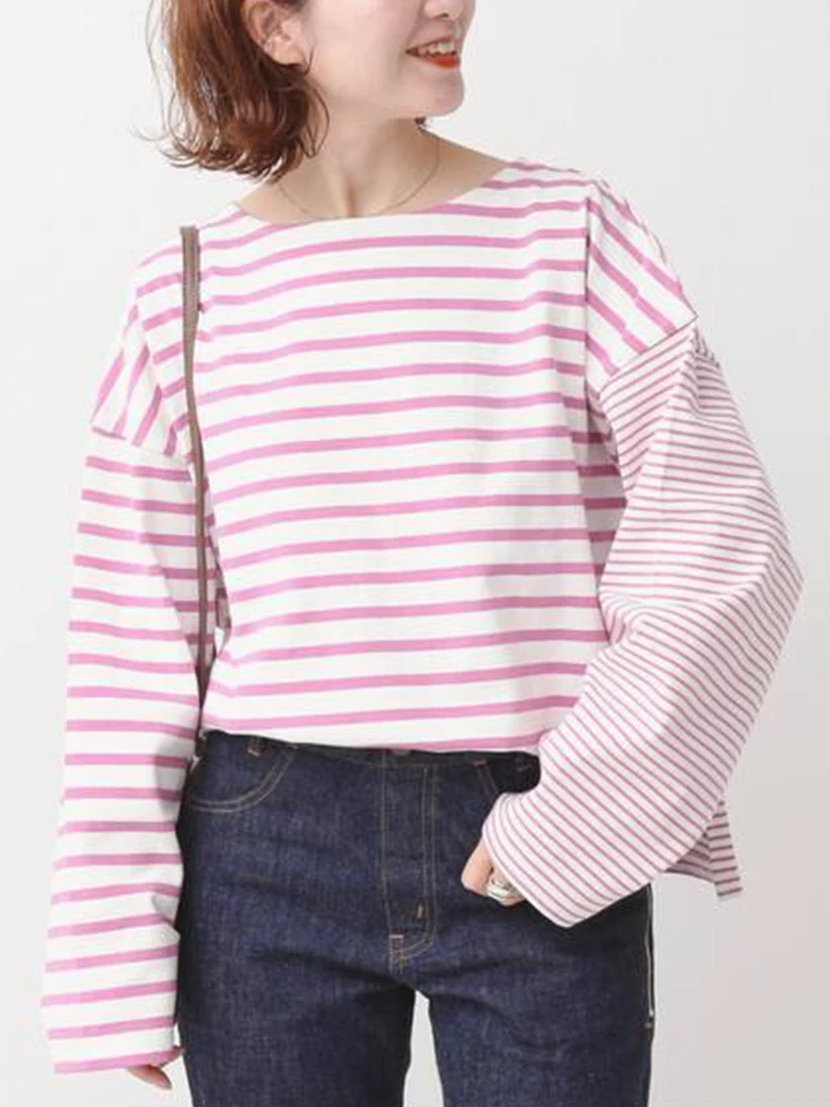 Женская полосатая блузка с длинным рукавом, милые рубашки в японском стиле с круглым вырезом, пуловеры большого размера, весна-лето 2022 
Женская полосатая блузка с длинным рукавом, милые рубашки в японском стиле с круглым вырезом, пуловеры большого размера, весна-лето 2022