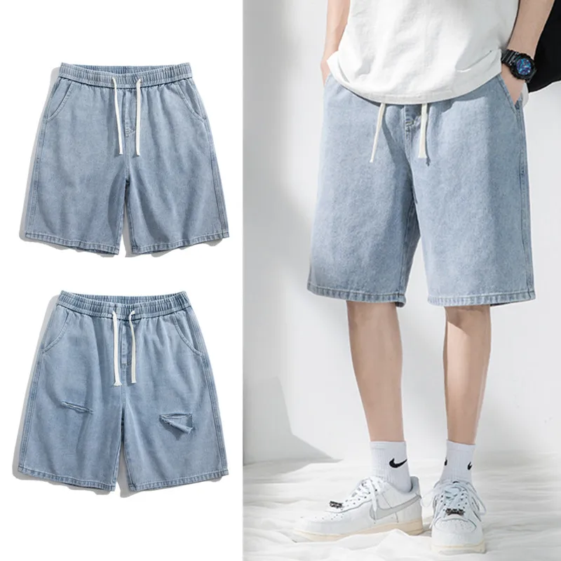 Summer Baggy Denim Shorts Men's Elastic Waist Loose Straight Ripped Hole Harajuku Fashion Knee-length Wide-leg Short Jeans
Summer Baggy Denim Shorts Men's Elastic Waist Loose Straight Ripped Hole Harajuku Fashion Knee-length Wide-leg Short Jeans