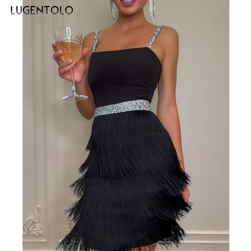 Женское сексуальное платье без рукавов, тонкое черное платье-карандаш на тонких бретелях, весна-лето, Lugentolo