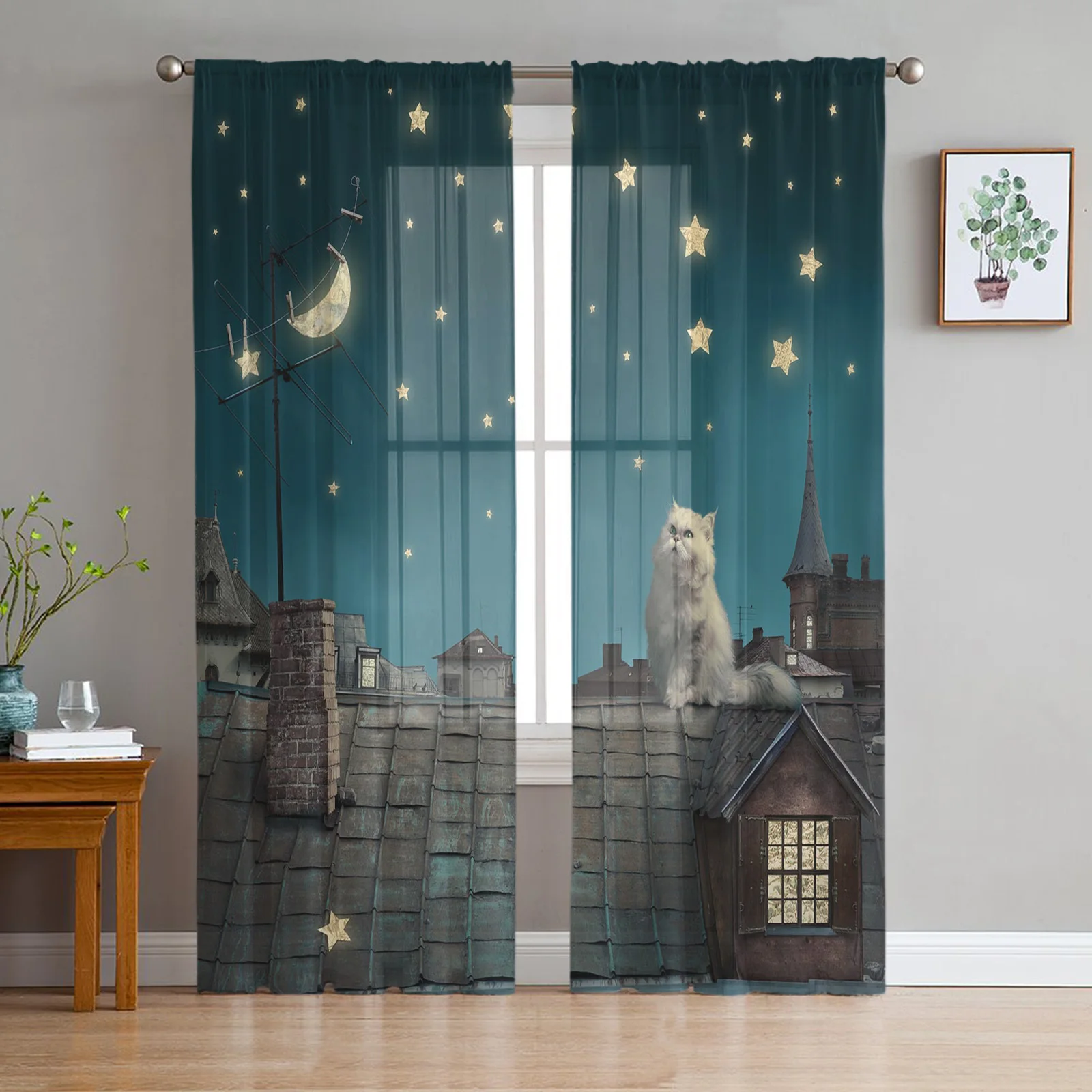 

Roof Kitten Night Moon Stars Tulle Curtains for Living Room Bedroom Decoration Transparent Chiffon Sheer Voile Window Curtain