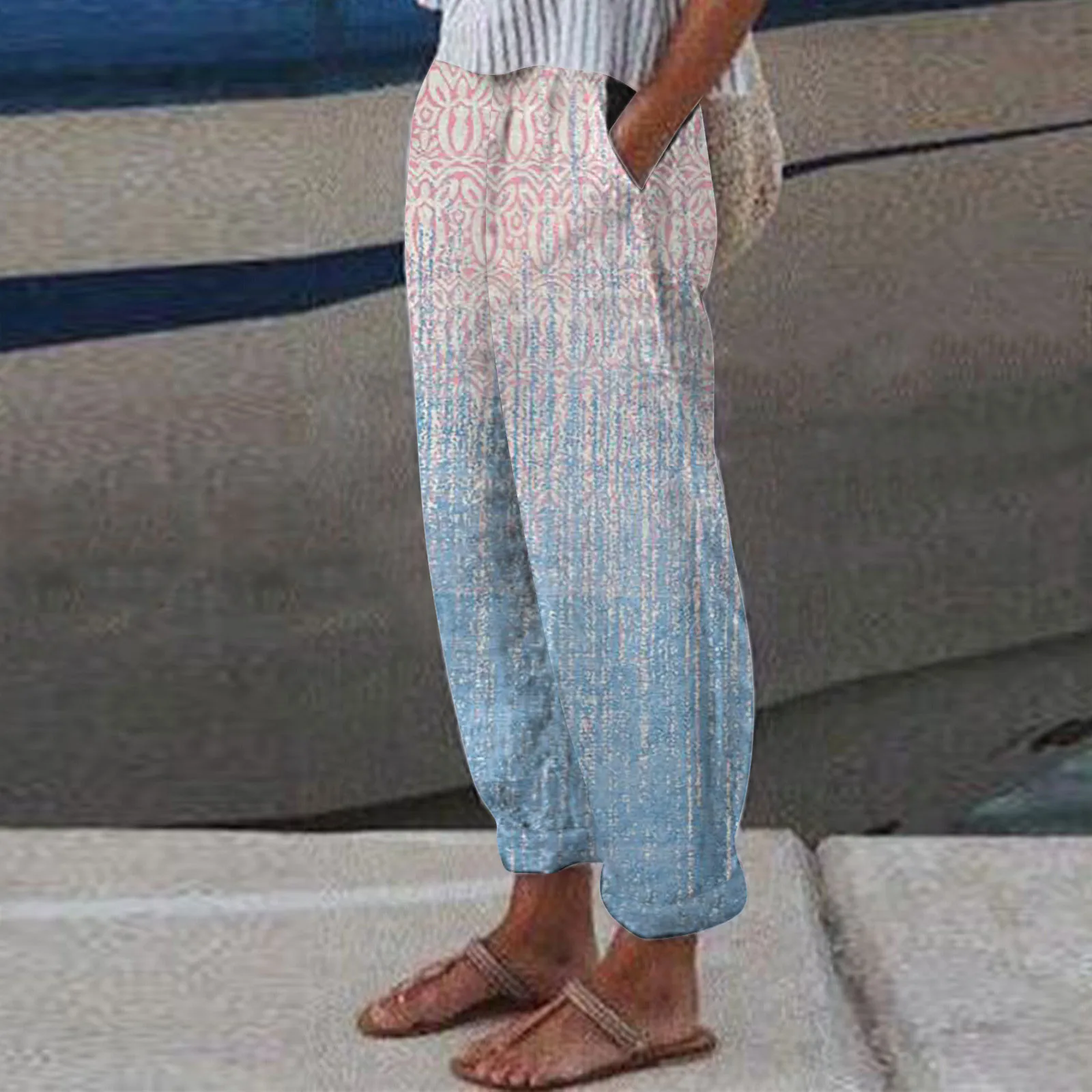 Брюки-Багги женские с широкими штанинами, повседневные модные пляжные штаны с цветочным принтом, удобные шаровары с эластичным поясом и карманами, лето 2023 
Брюки-Багги женские с широкими штанинами, повседневные модные пляжные штаны с цветочным принтом, удобные шаровары с эластичным поясом и карманами, лето 2023