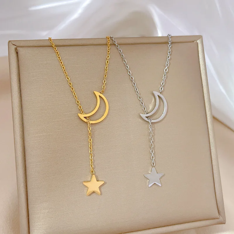 

Ожерелье для женщин из нержавеющей стали Звезда Луна геометрический нишевой дизайн простой кулон цепочка до ключиц Корейская версия чокер