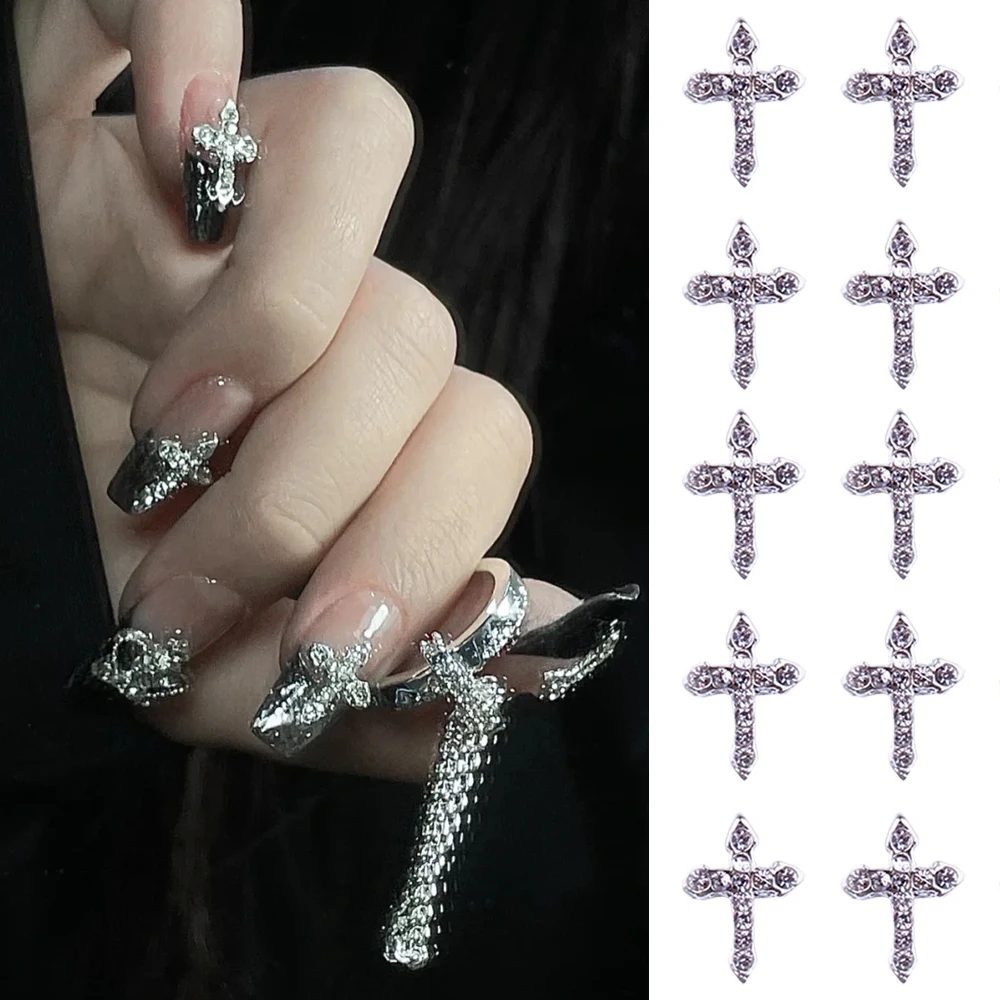 

10pcs Luxury Cross Nail Charms 7*11.5mm Silver Glitter Alloy Rhinestones Punk Skull Glitters Jewelry for 3D Nail Art Decorations