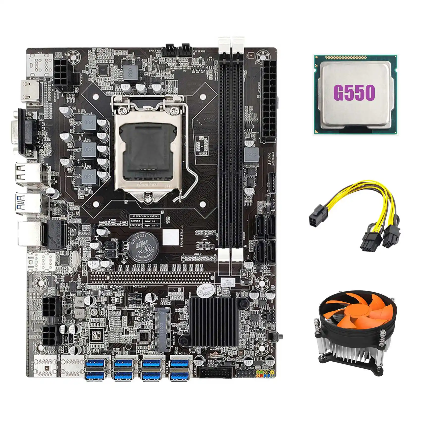 B75 USB ETH Mining Motherboard 8XPCIE to USB+G550 CPU+6Pin to Dual 8Pin Cable+Fan LGA1155 B75 BTC Miner Motherboard
B75 USB ETH Mining Motherboard 8XPCIE to USB+G550 CPU+6Pin to Dual 8Pin Cable+Fan LGA1155 B75 BTC Miner Motherboard