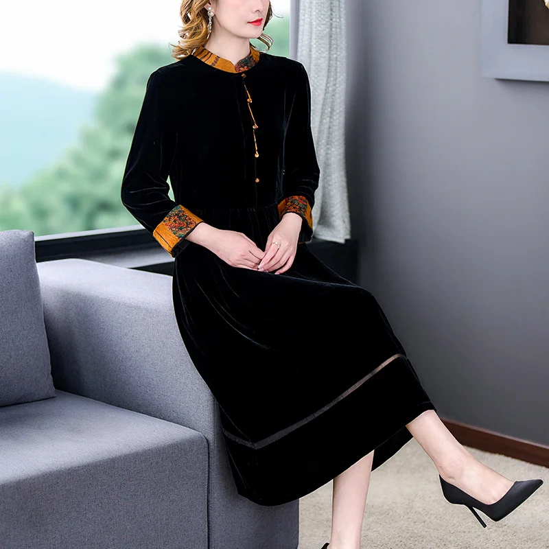 

Foreign Noble Mulberry Silk Mother Big Brand Middle-Aged And Elderly Gold Velvet Long-Sleeved Dress