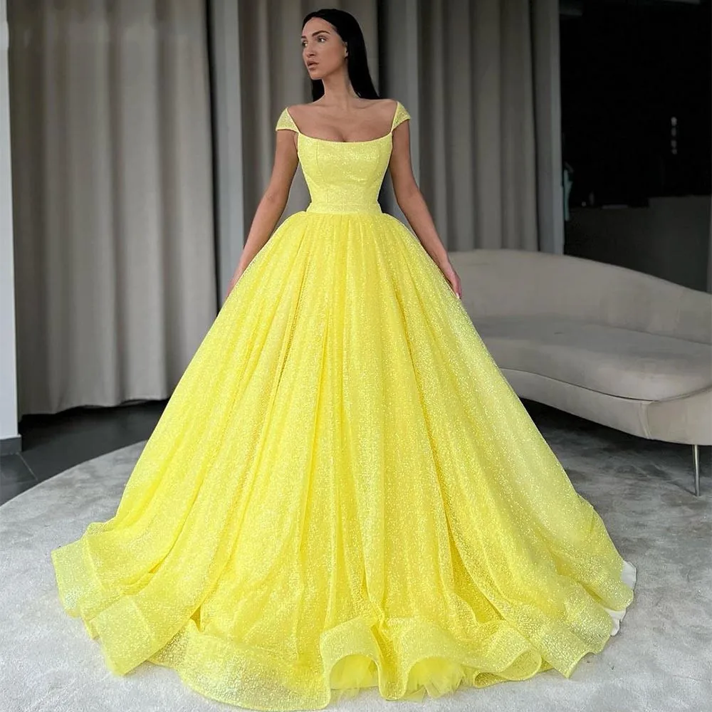 Sparkly Yellow Tulle Prom Dresses Cap Sleeves Square neck A Line Long Evening Gowns Party Dress vestido de fiesta de graduación
Sparkly Yellow Tulle Prom Dresses Cap Sleeves Square neck A Line Long Evening Gowns Party Dress vestido de fiesta de graduación