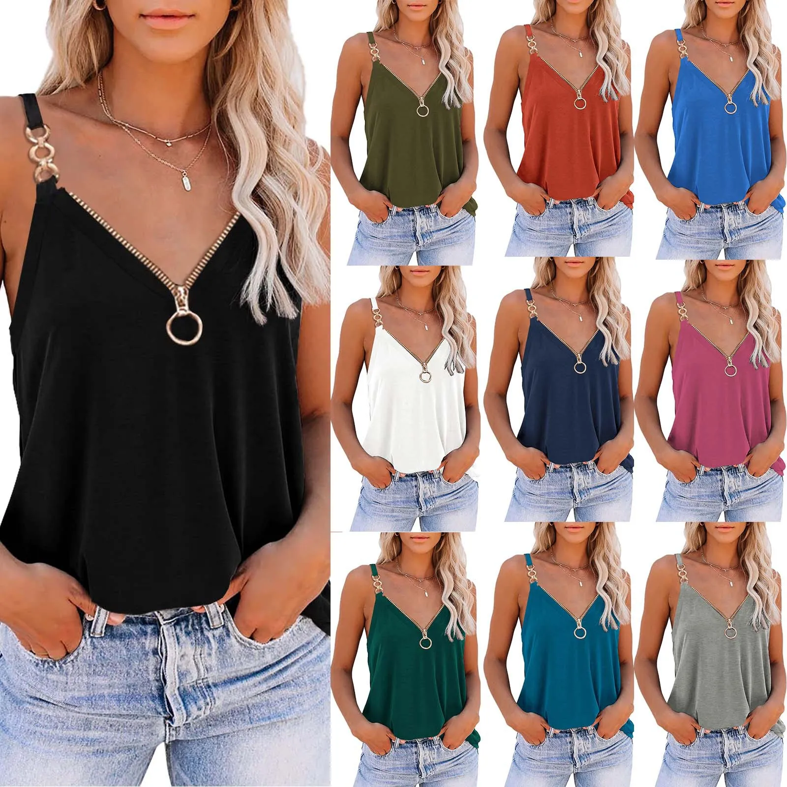 2023 new European and American women's sexy sleeveless suspender zipper vest V-neck printed T-shirt female top
2023 new European and American women's sexy sleeveless suspender zipper vest V-neck printed T-shirt female top